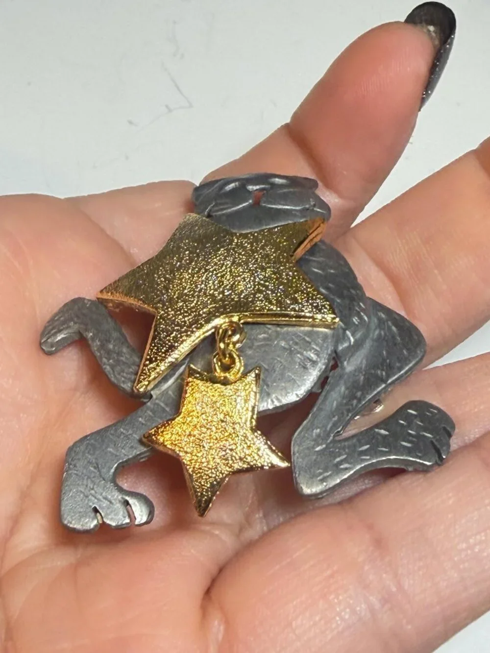 Ultra Craft Cat Brooch OOAK Upcycled Gold Star Dangle Vintage 2 inches
